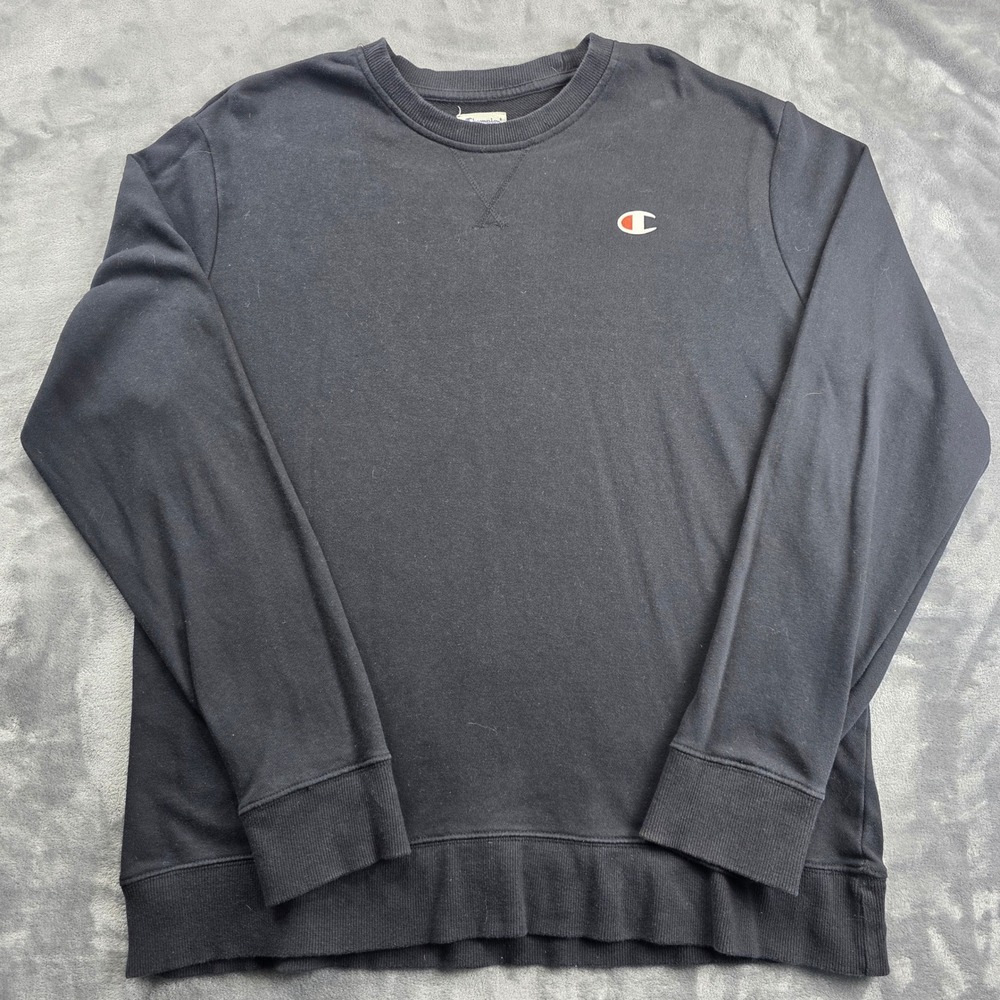 Champion Sweatshirt Mens Large Black Crewneck Embroidered Logo Long Sleeve